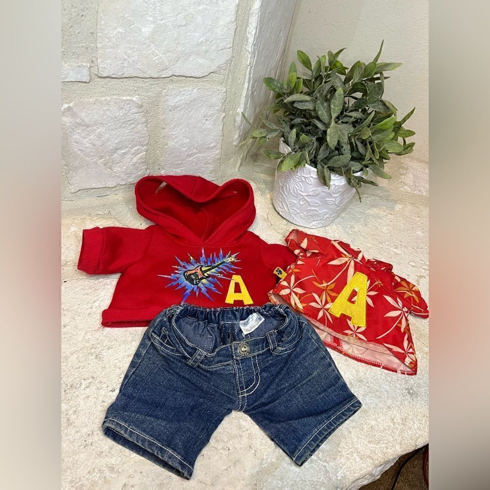 Build A Bear Alvin red hoodie/tee/denim shorts